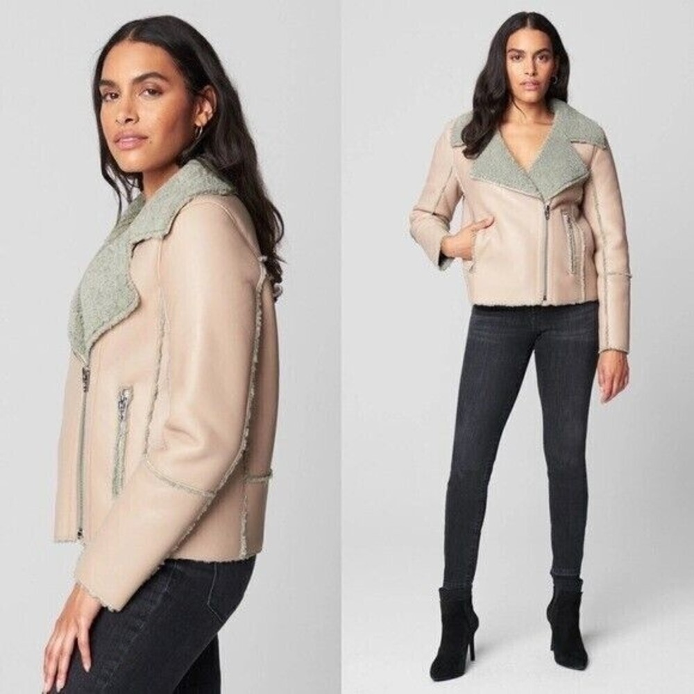 BLANK NYC Women Blush Sherpa Bonded Moto Jacket Faux Leather Zip Up S